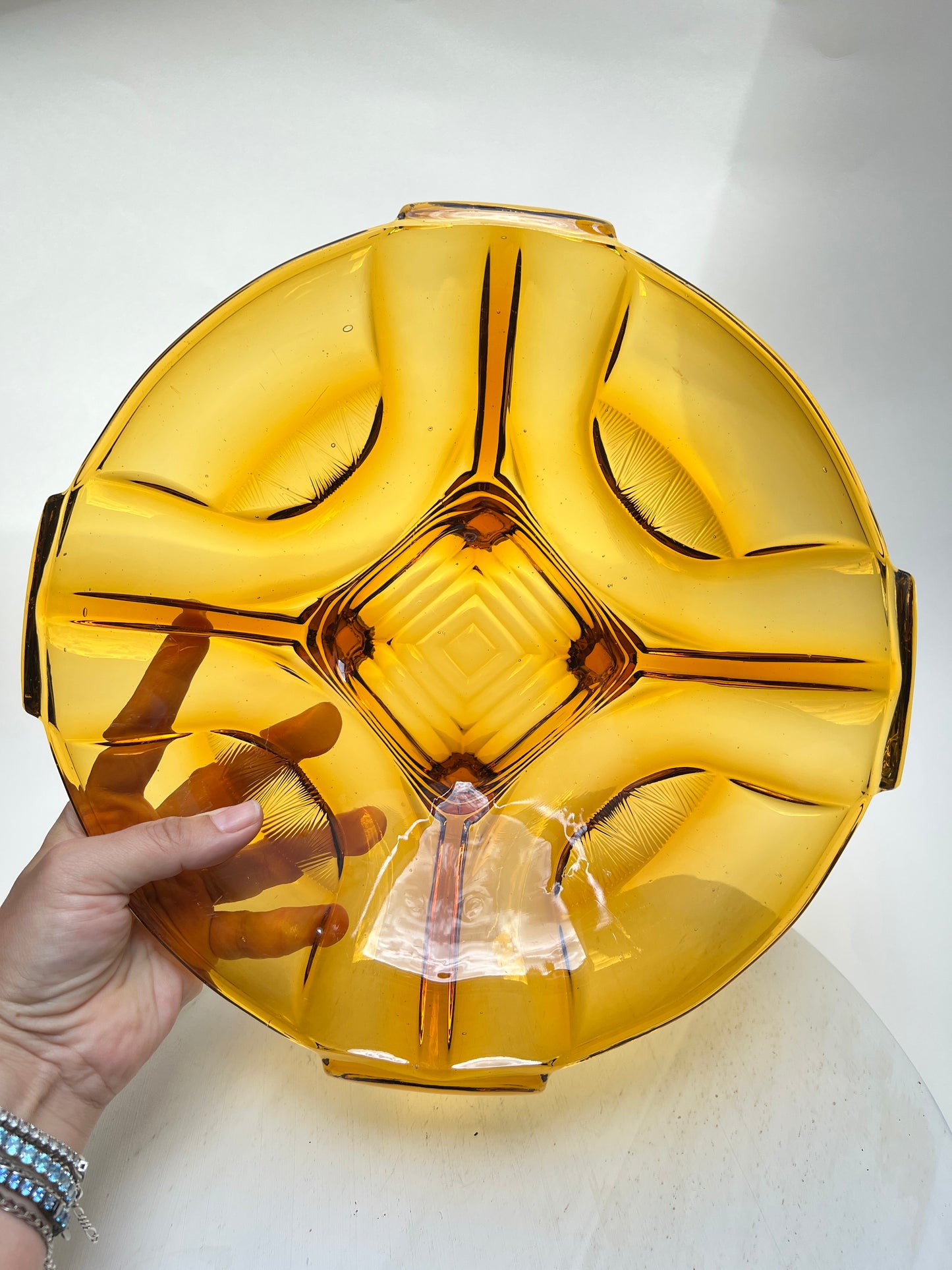 Vintage Walther & Söhne Pressglas Bernsteinglas Amber Glas Schale Art Deco 30cm