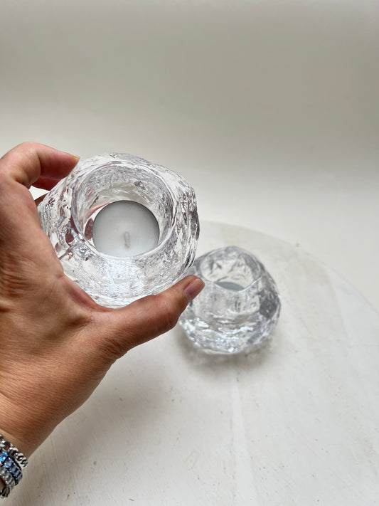 2er-Set Vintage Kosta Boda „Snowball“ Teelichthalter Eisglas Schwedisches Design