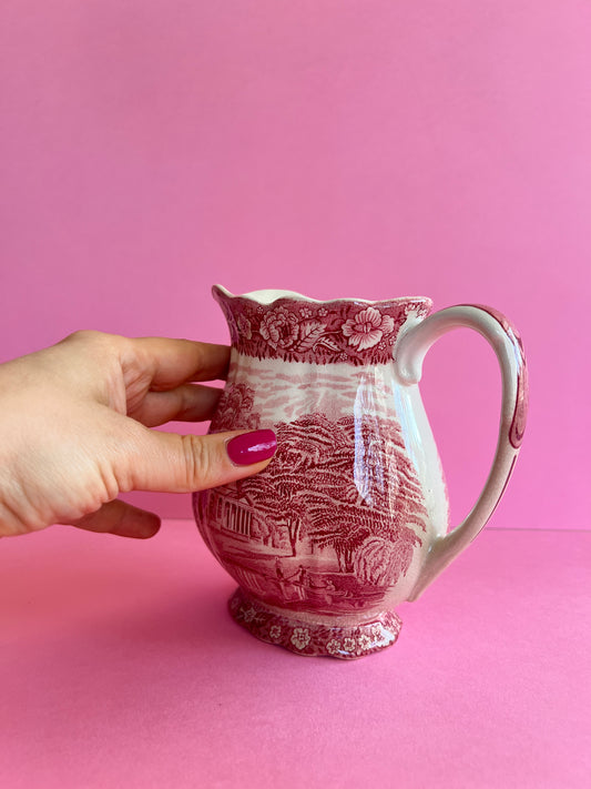 Vintage Krug Kanne Keramik rot weiß Palissy Pottery „Thames River Scenes“ England Landhaus Stil Garrick's Villa Hampton