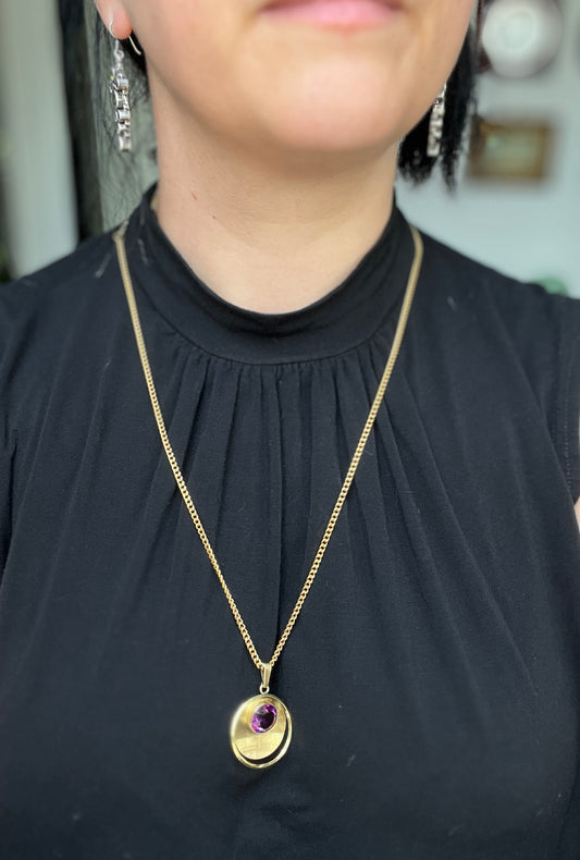 Vintage Mid-Century K&L Anhänger mit Kette Amerikaner Doublé Gold violetter Schmuckstein