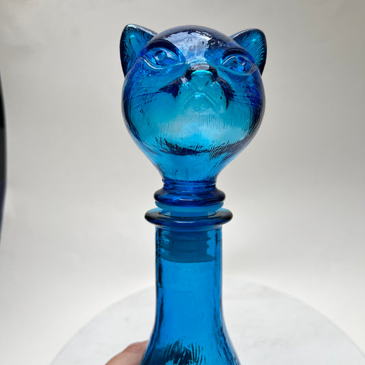 Vintage Empoli Glas Katze Karaffe Flasche Dekanter Blau Italien 1960er Mid Century