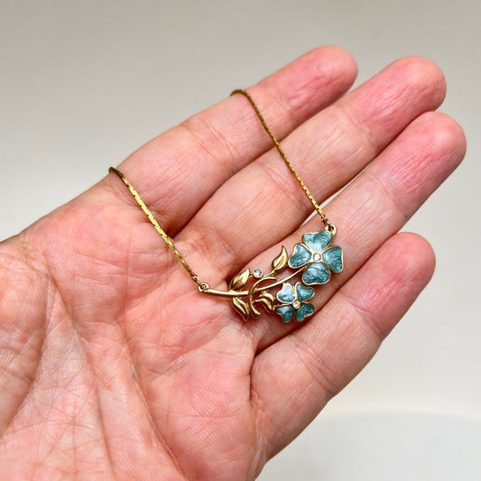 Vintage Vergissmeinnicht Kette Blau Emaille Brautschmuck „Something Blue“ 1980er Designer Schmuck Gold Jugendstil Revival Blumen-Collier
