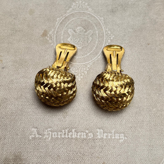 Vintage Ohrclipse Halbkugel Bombé Goldfarben Hollywood mit Korbgeflecht-Textur