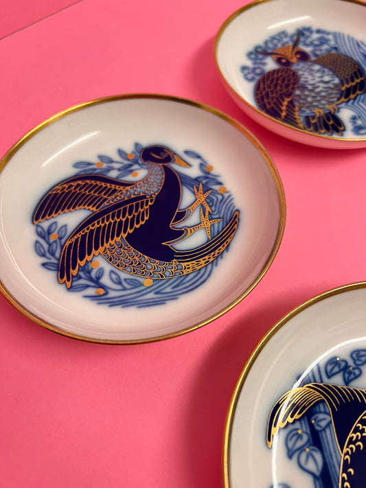 4x Fürstenberg Schälchen Schalen Adler Eule Vogel Drache 02717 mid century Konfektschalen Blau Gold Dekor Goldrand
