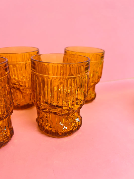 Italienisches Set Vintage 70er Amber Glas Karaffe mit 6 Gläsern Brutalist Saftkanne Bormioli Bernsteinglas Mid Century Gläser