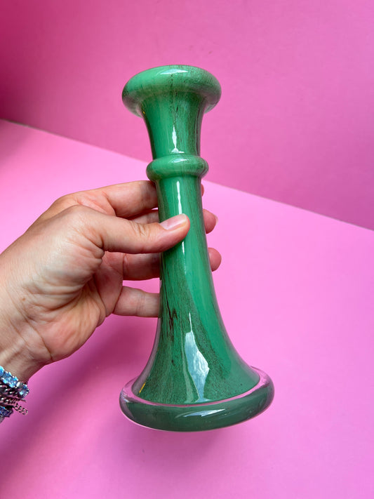 Grüner 70er Vintage Blumenvase schmale lange Vase Glas Kerzenständer Retro Jade Marmor Optik für Wohnzimmer