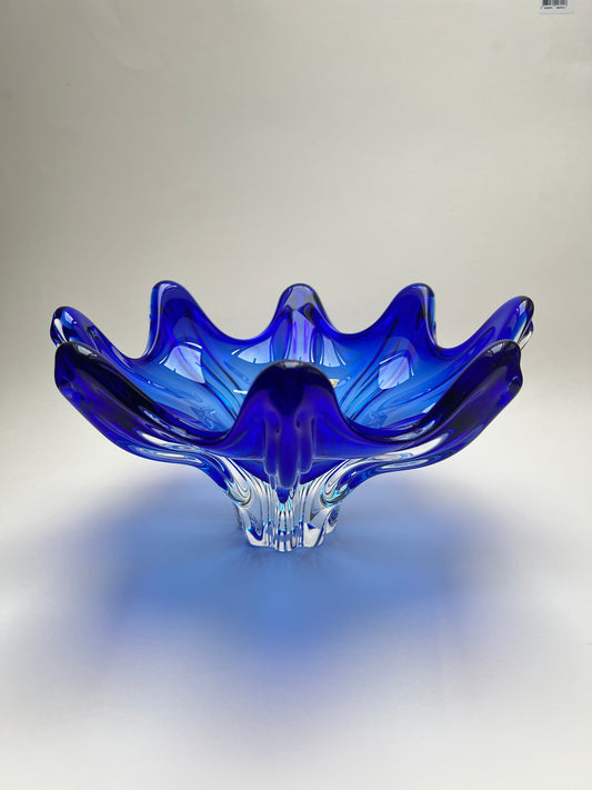 Egermann Kristallglas Schale blau böhmisch Czech Zipfelschale Mid century Glass Art