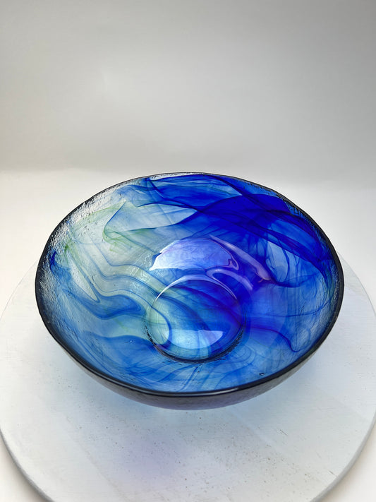 Blaue Batik Contrast Glasschale Obstschale skandinavisch Swirl mundgeblasen
