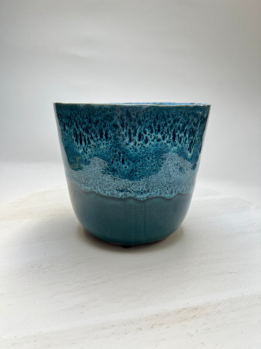 Vintage Keramik Übertopf Blau Türkis | Handgefertigter Blumentopf | Fat Lava Stil | Studiokeramik | Pflanzgefäß Ø 16 cm