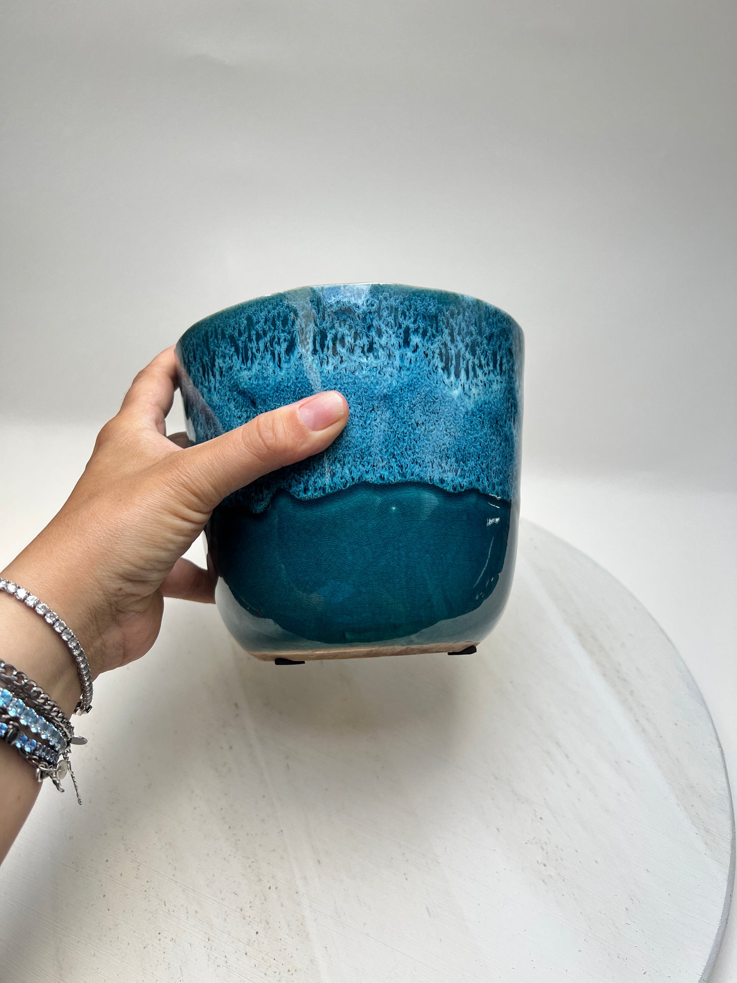 Vintage Keramik Übertopf Blau Türkis | Handgefertigter Blumentopf | Fat Lava Stil | Studiokeramik | Pflanzgefäß Ø 16 cm