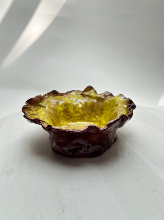 Vintage Handgefertigte Keramikschale gelb Wabi Sabi Brutalist Mid Century Deko