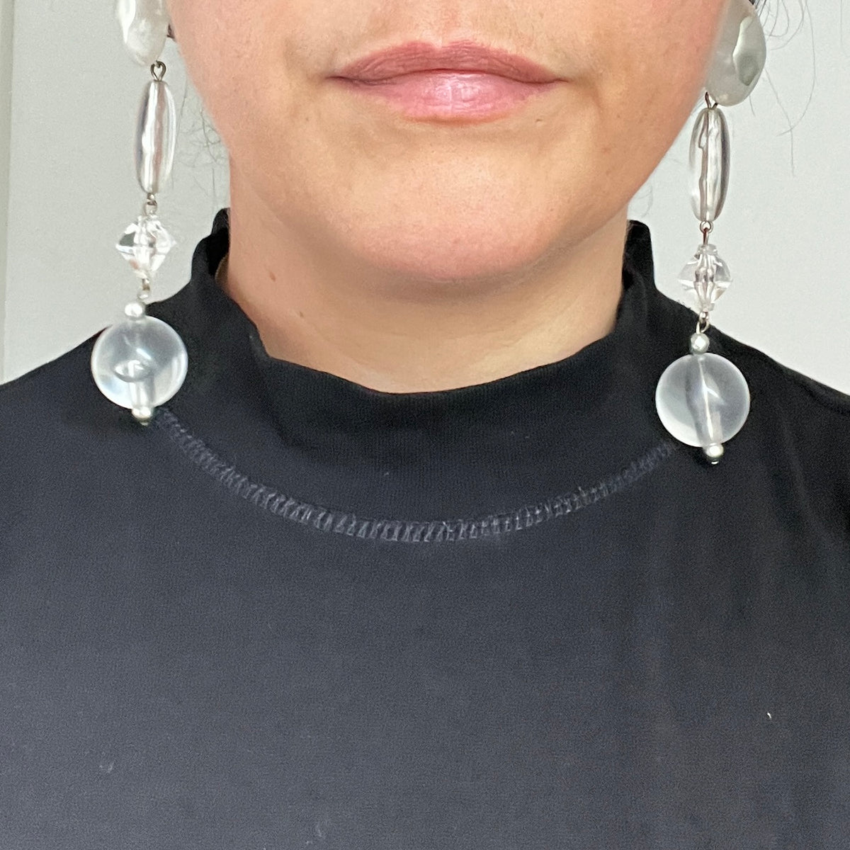 Vintage 80s Runway Statement Ohrclips Silber Transparent Acryl Schmuck