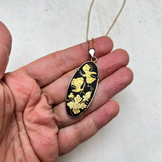 Vintage japanische Chokin Medaillon Kette asiatisch Schmetterling Toledo Damaszener-Stil