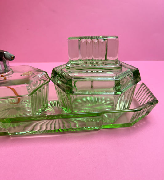 Antikes Vintage Schminktischset Perfumflasche Zerstäuber Puderdose Art Deco Buntglas Schale Depressionsglas
