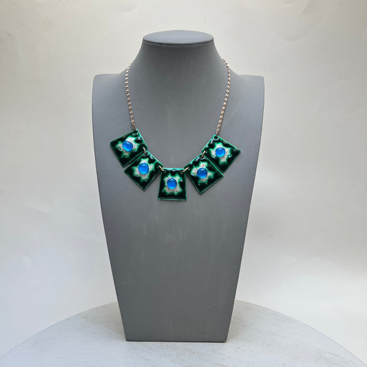 Vintage Emaille Halskette Collier blau grün 60er Jahre Brutalismus MCM