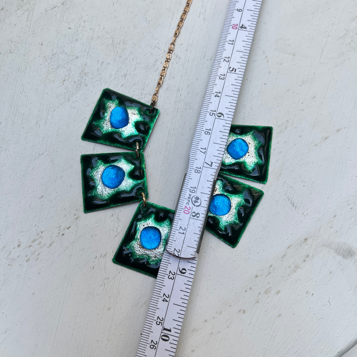 Vintage Emaille Halskette Collier blau grün 60er Jahre Brutalismus MCM