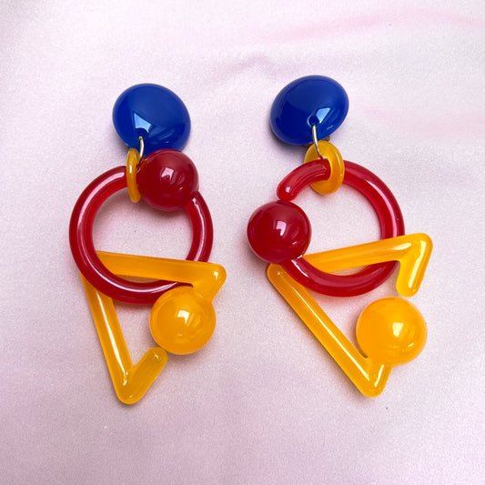 80s Vintage Memphis Design Statement Ohrringe XXL Geometric Color-Blocking Ohrclips Runway Schmuck