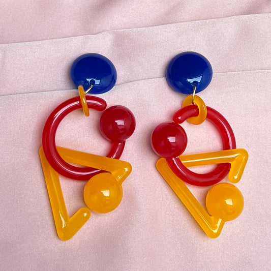 80s Vintage Memphis Design Statement Ohrringe XXL Geometric Color-Blocking Ohrclips Runway Schmuck