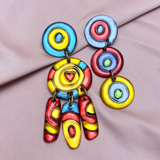 Vintage 90s Art Wear Statement XXL Ohrclipse Ohrringe Polymer bunt Pop Art