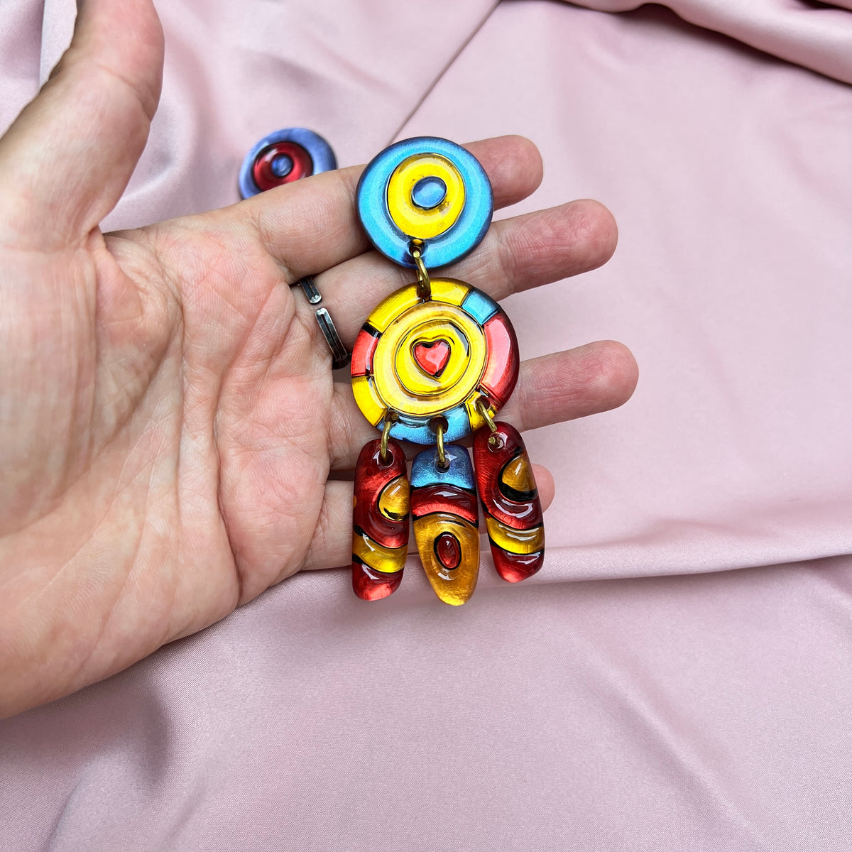 Vintage 90s Art Wear Statement XXL Ohrclipse Ohrringe Polymer bunt Pop Art