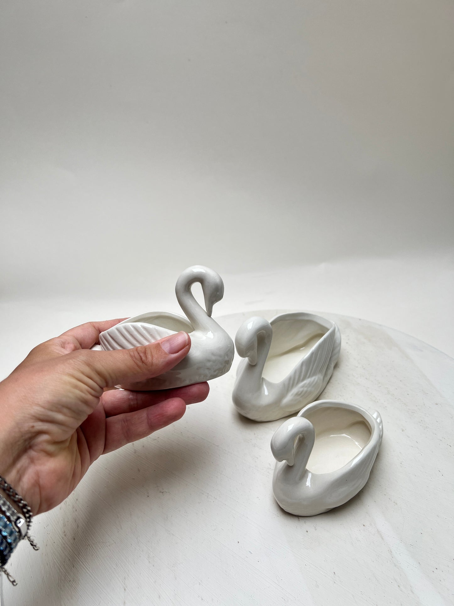 3er Set Porzellan Schwäne Schwan Übertopf Kleine Schale Figur
