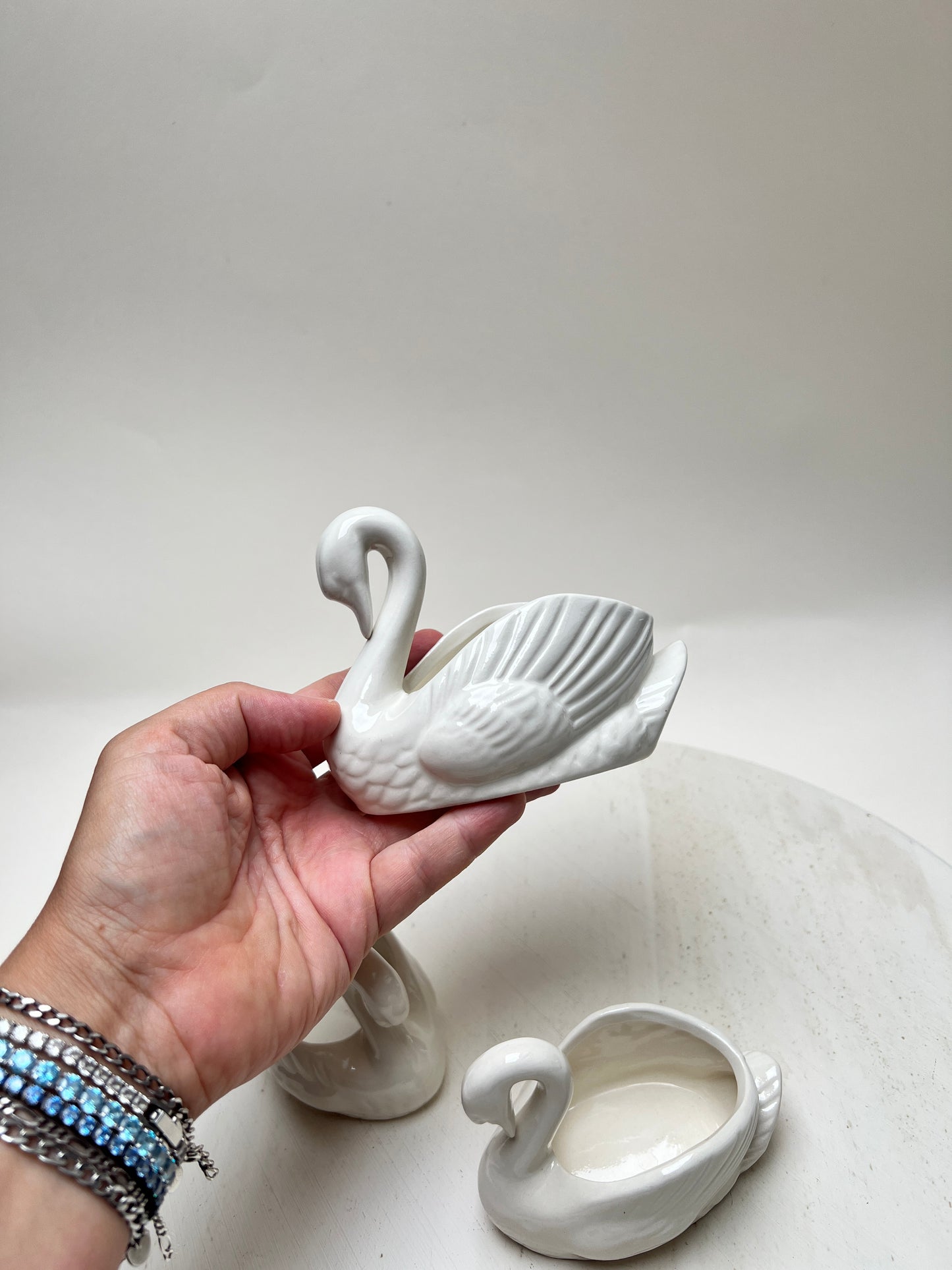 3er Set Porzellan Schwäne Schwan Übertopf Kleine Schale Figur