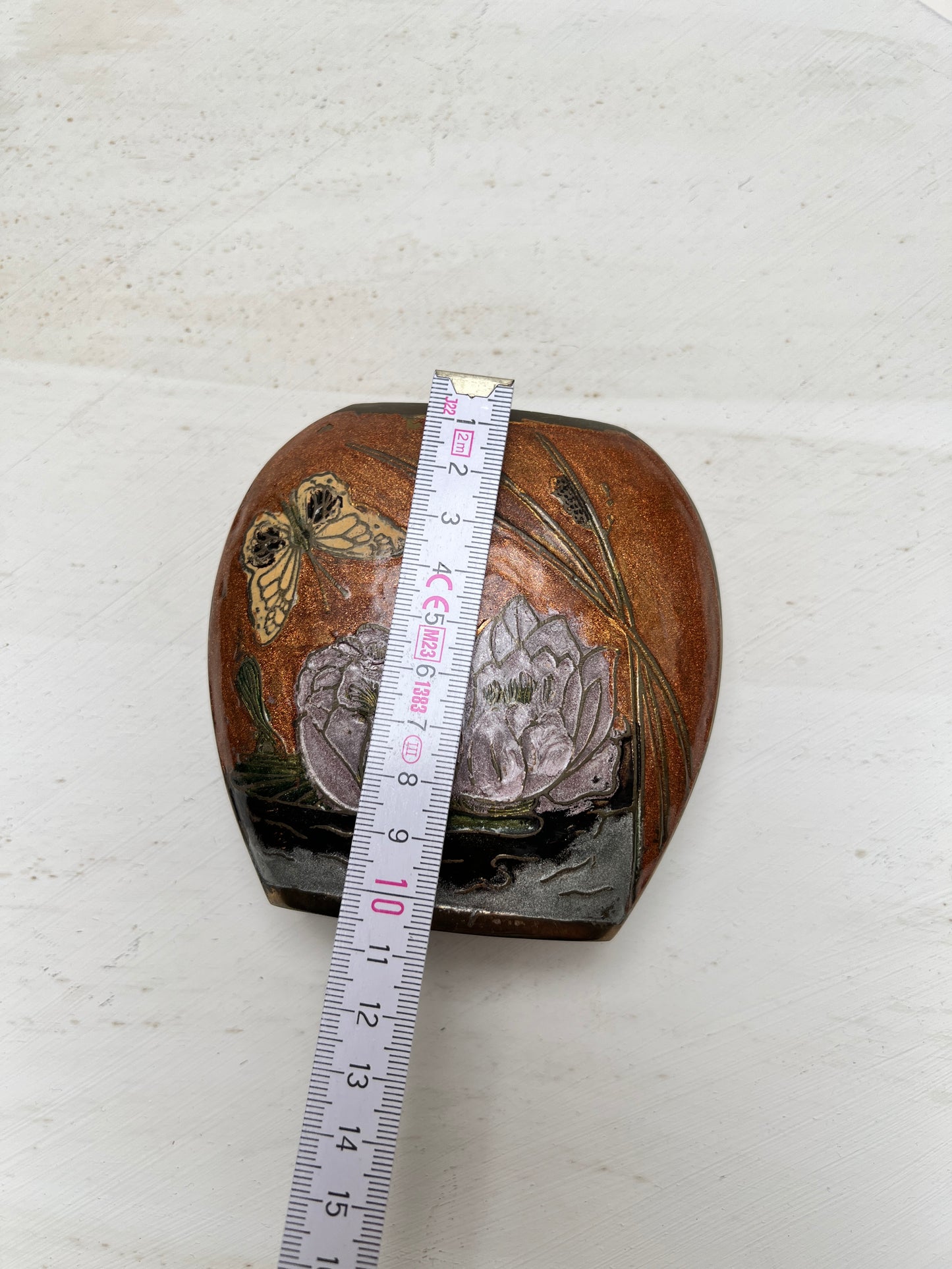 Vintage Cloisonné Messing Vase Schmetterling Jugendstil Lotus Seerosen gold orange