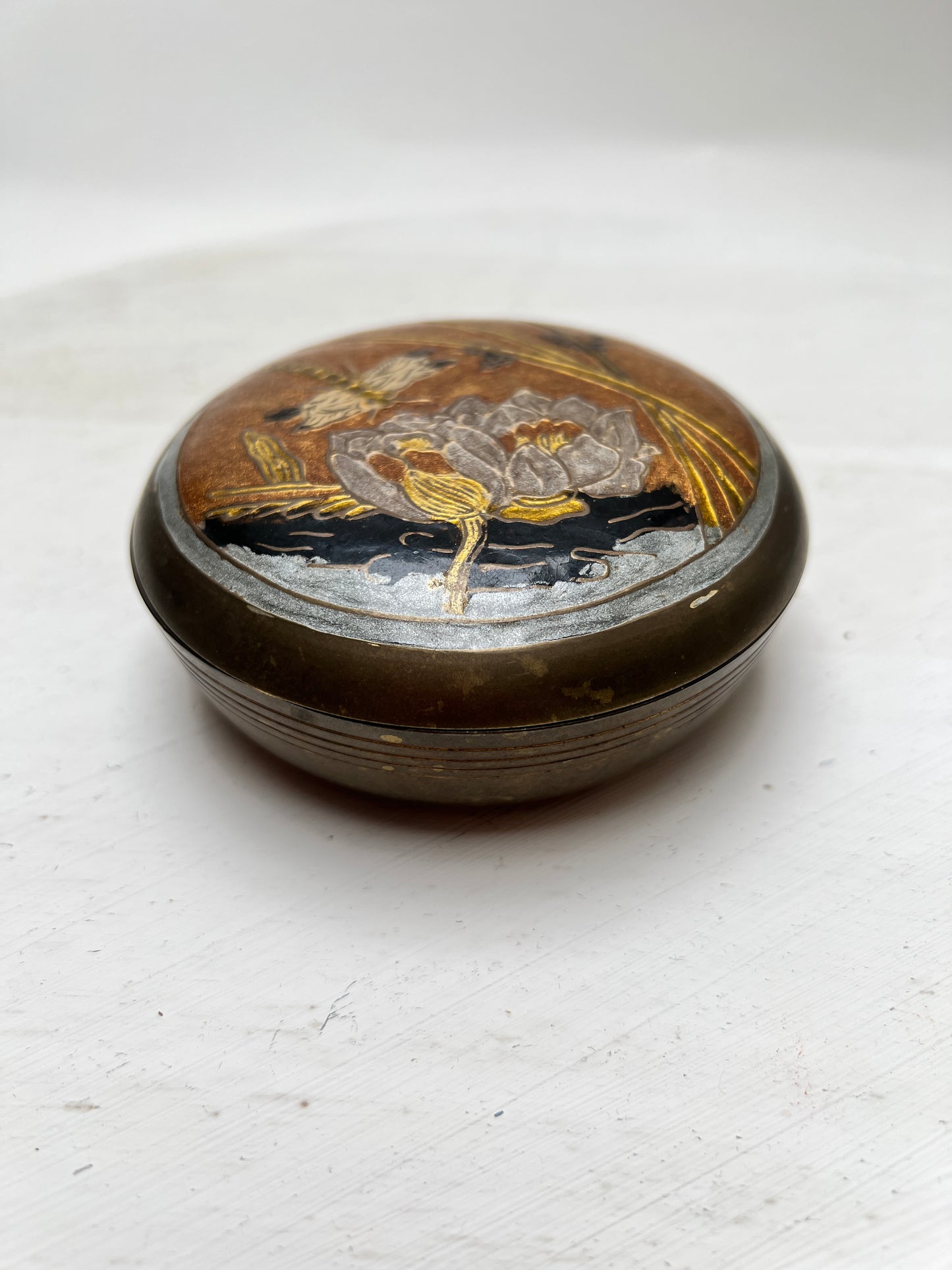 Vintage Messing Cloisonné Schmuckdose Libelle Lotus Seerosen Jugendstil