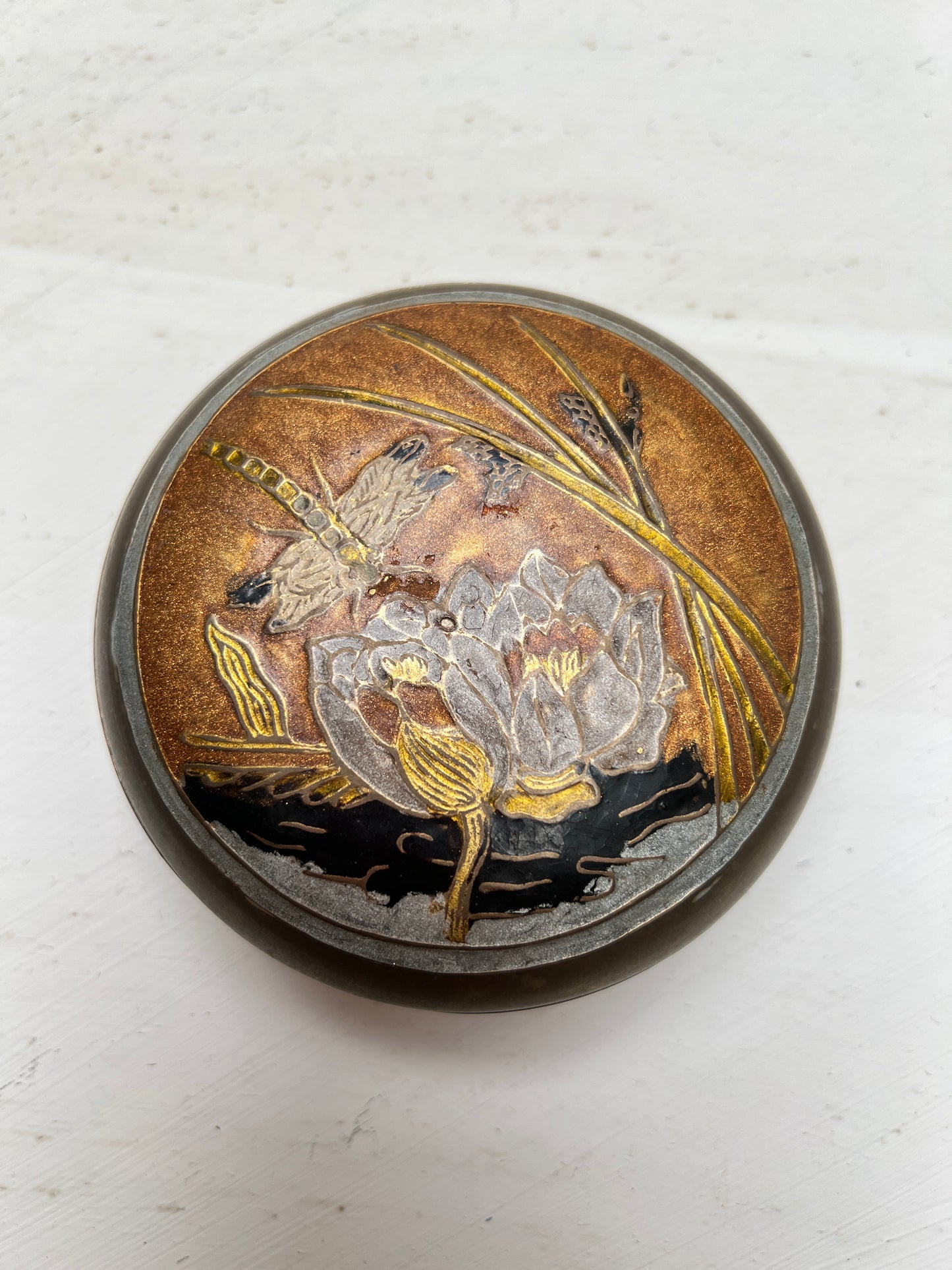 Vintage Messing Cloisonné Schmuckdose Libelle Lotus Seerosen Jugendstil