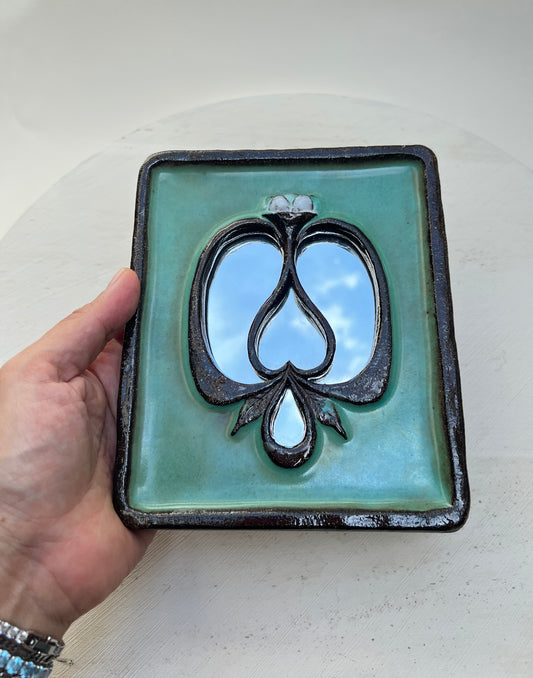 Vintage Keramik Wandkachel Fliese Wandbild Linda Hamkens Jugendstil Blume mit Spiegel Inlay