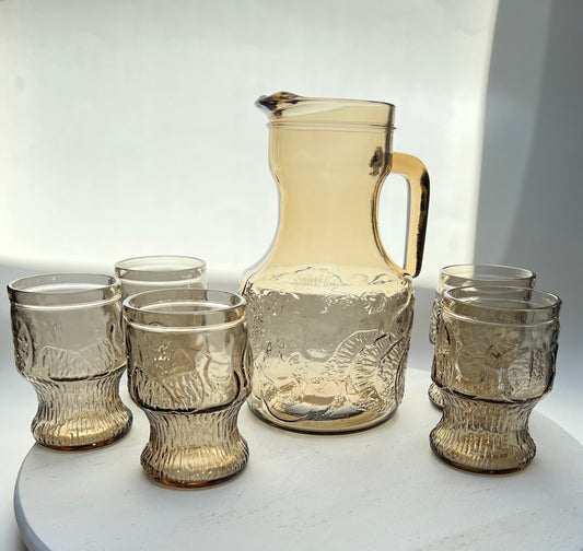 Vintage Limonaden Orangeade Set Rauchglas Karaffe mit 5 Gläsern Videnza Italy