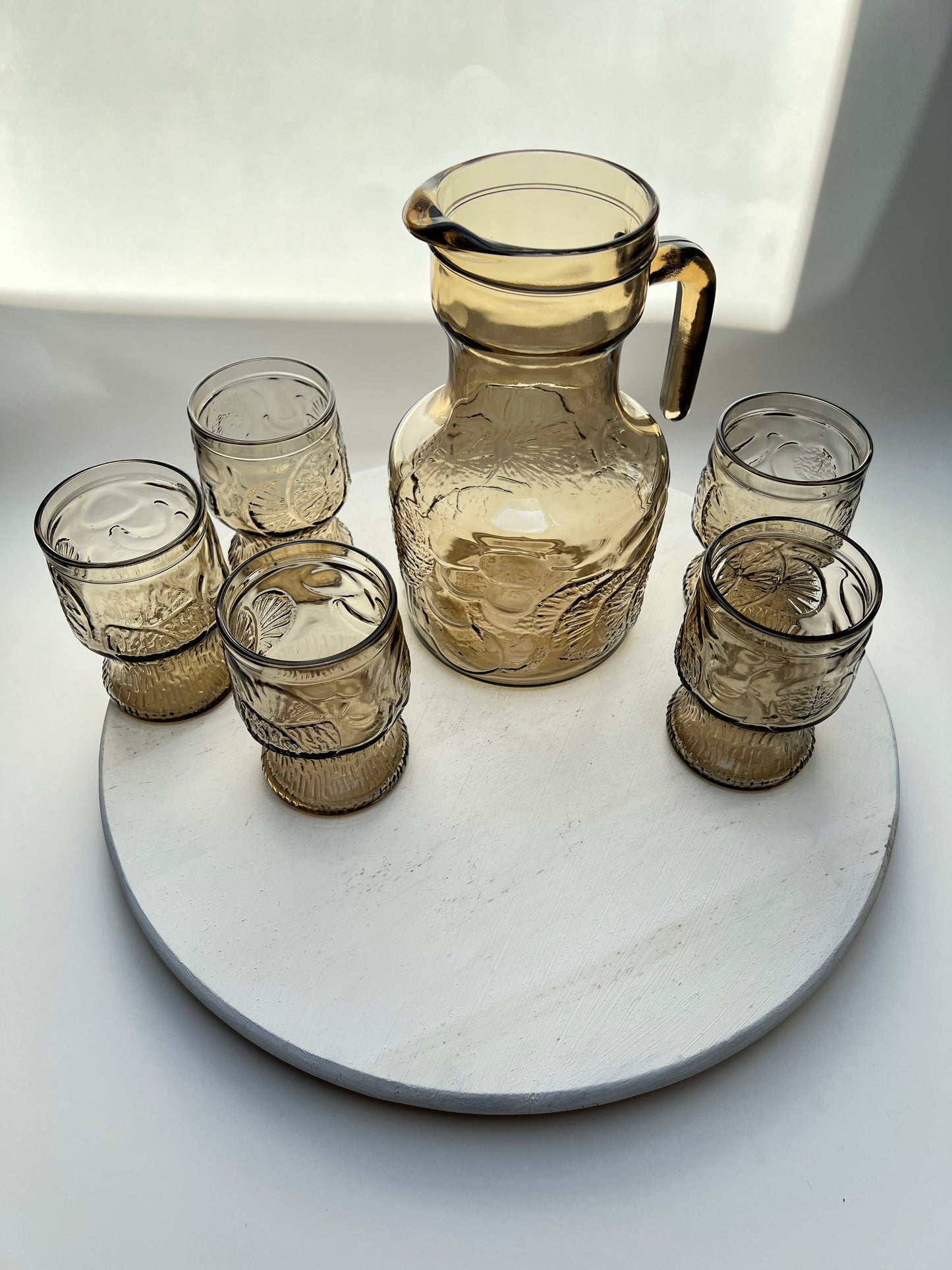 Vintage Limonaden Orangeade Set Rauchglas Karaffe mit 5 Gläsern Videnza Italy
