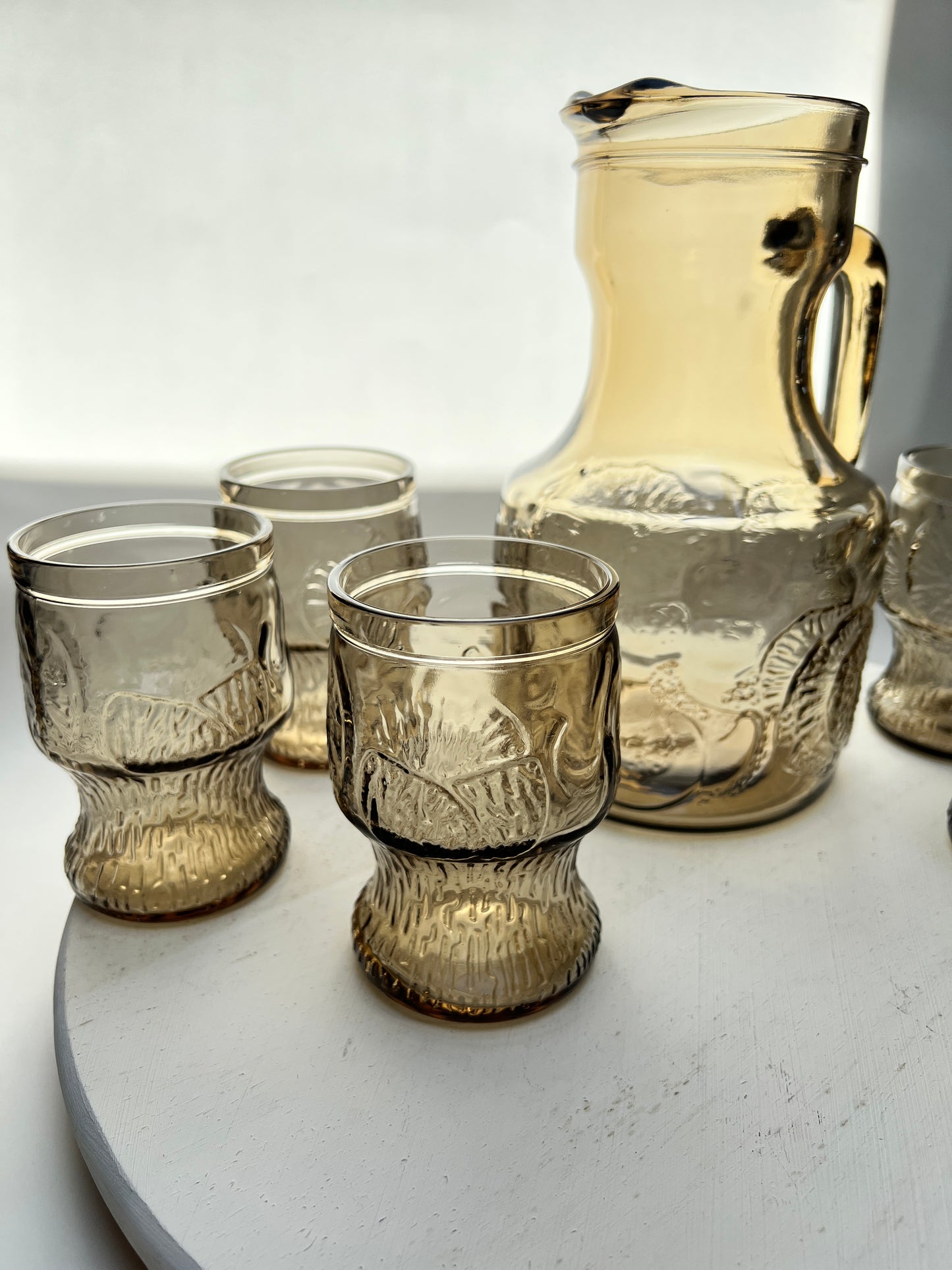 Vintage Limonaden Orangeade Set Rauchglas Karaffe mit 5 Gläsern Videnza Italy