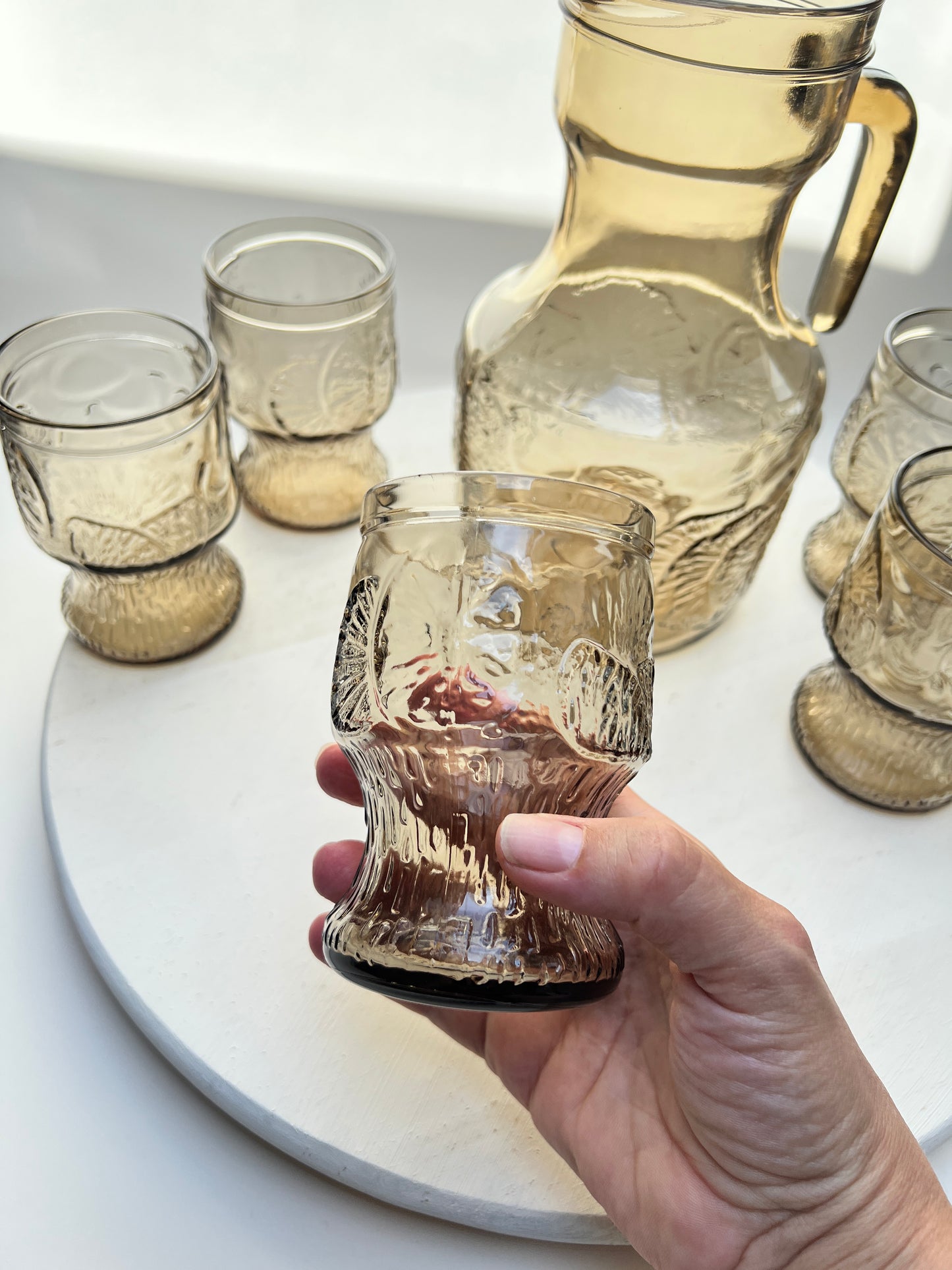 Vintage Limonaden Orangeade Set Rauchglas Karaffe mit 5 Gläsern Videnza Italy
