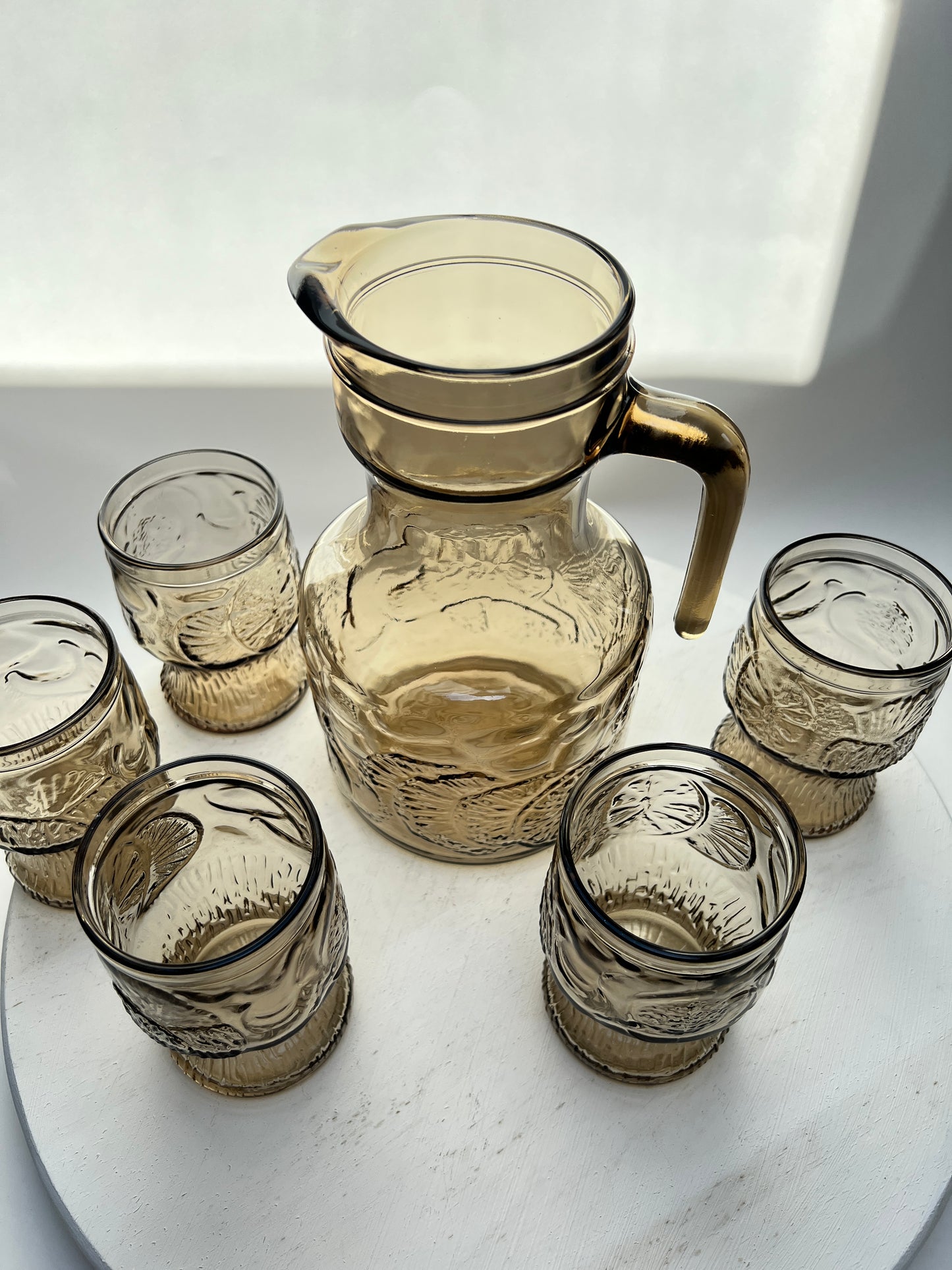 Vintage Limonaden Orangeade Set Rauchglas Karaffe mit 5 Gläsern Videnza Italy
