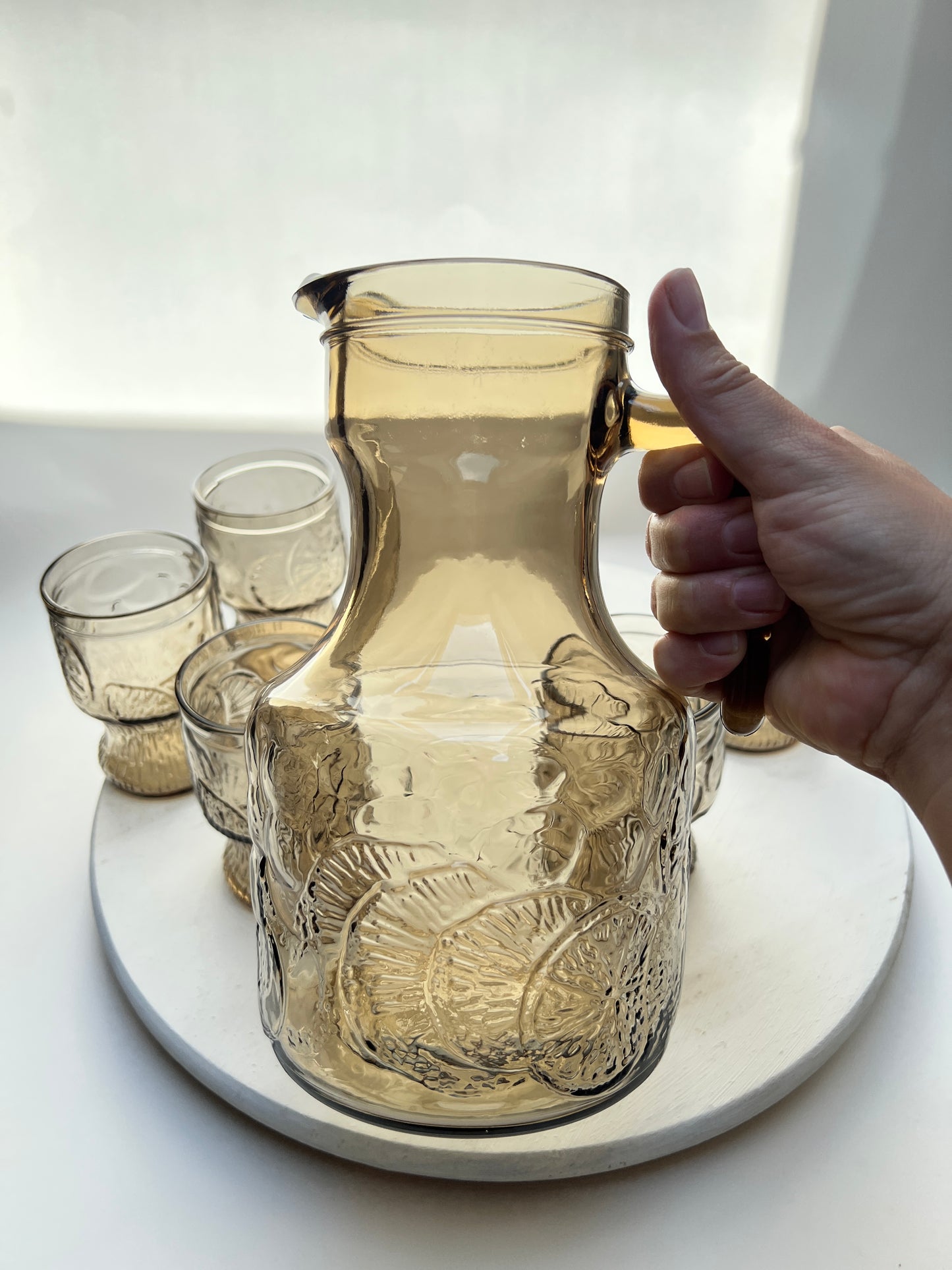 Vintage Limonaden Orangeade Set Rauchglas Karaffe mit 5 Gläsern Videnza Italy