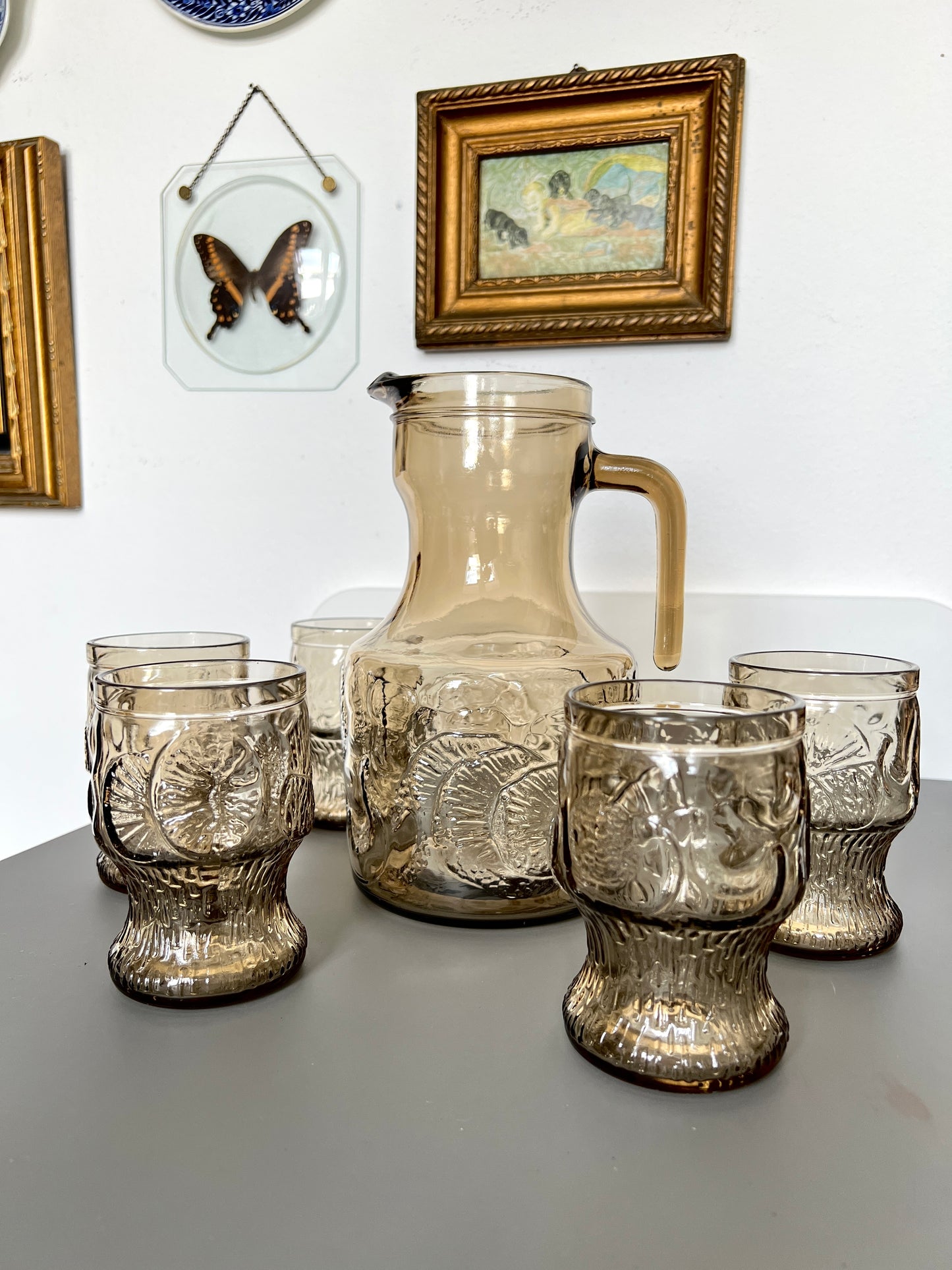 Vintage Limonaden Orangeade Set Rauchglas Karaffe mit 5 Gläsern Videnza Italy
