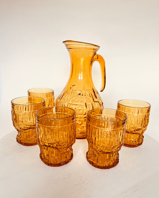 Italienisches Set Vintage 70er Amber Glas Karaffe mit 5 Gläsern Brutalist Saftkanne Bormioli Bernsteinglas Mid Century Gläser