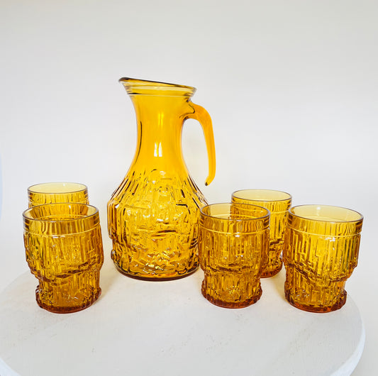 Italienisches Set Vintage 70er Amber Glas Karaffe mit 5 Gläsern Brutalist Saftkanne Bormioli Bernsteinglas Mid Century Gläser