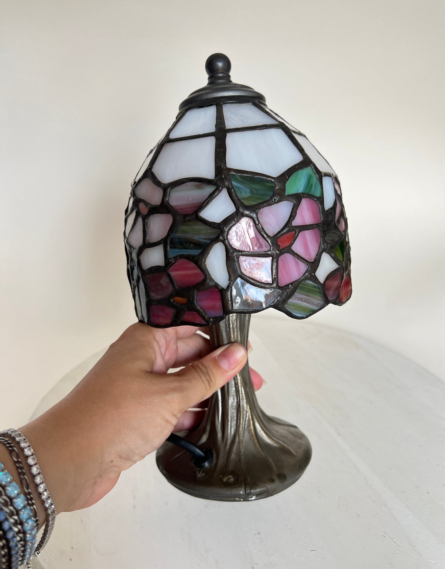 Kleine Vintage Tiffany Stil Tischlampe Buntglas Bleiglas Jugendstil Honsel