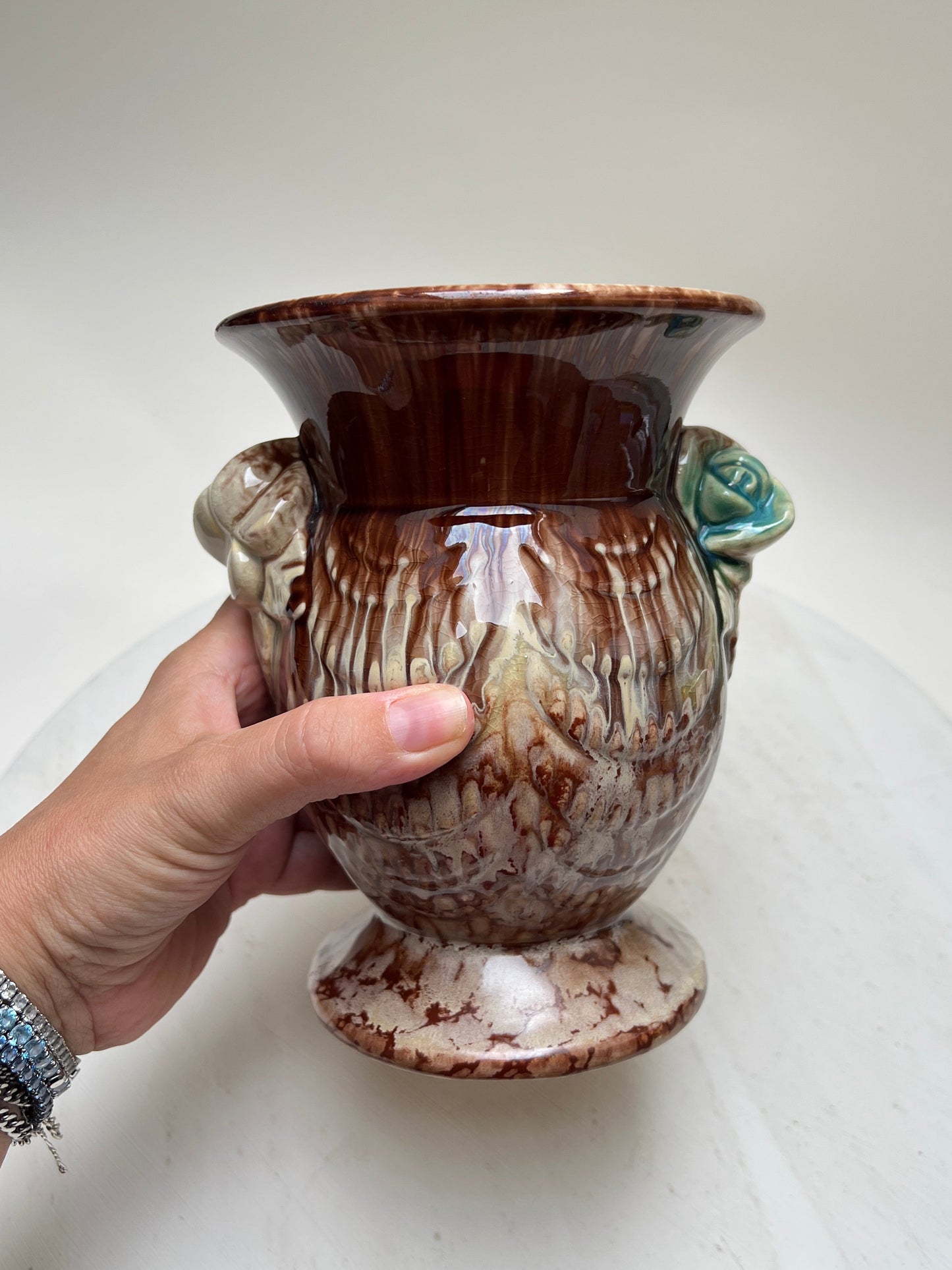 Vintage Laufglasur Keramik Blumenvase braun mit Rosen Bay Keramik West Germany Pottery