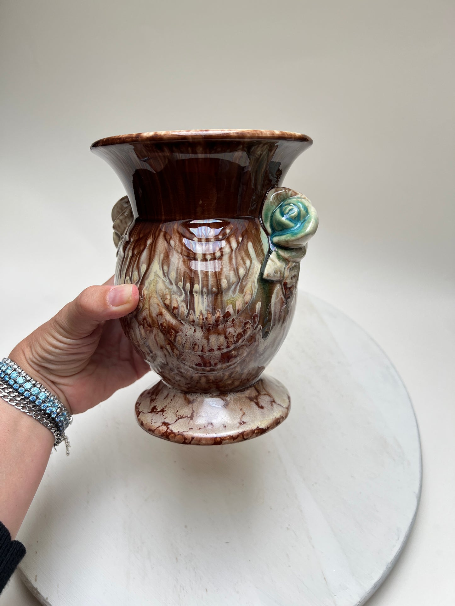 Vintage Laufglasur Keramik Blumenvase braun mit Rosen Bay Keramik West Germany Pottery