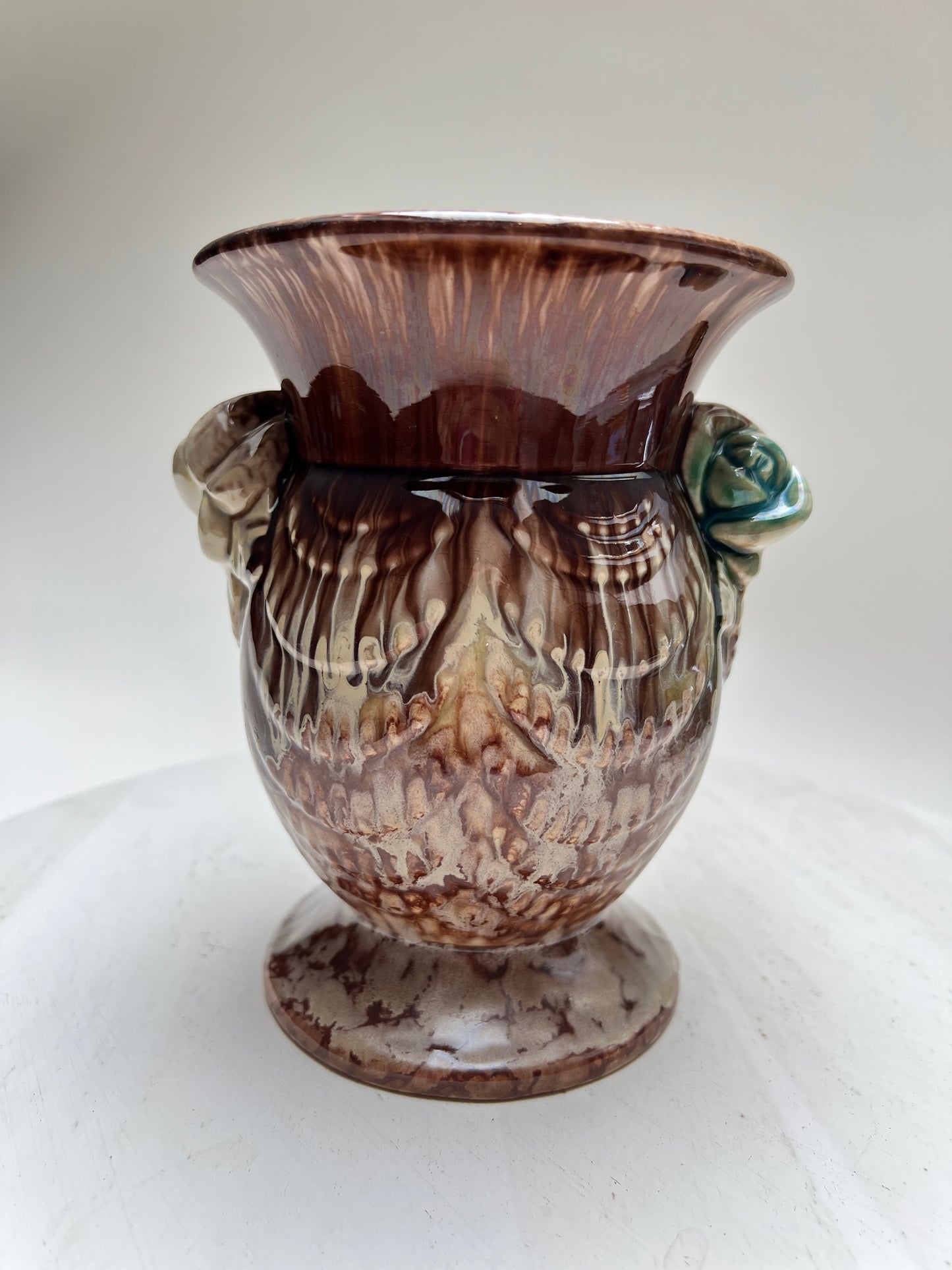 Vintage Laufglasur Keramik Blumenvase braun mit Rosen Bay Keramik West Germany Pottery
