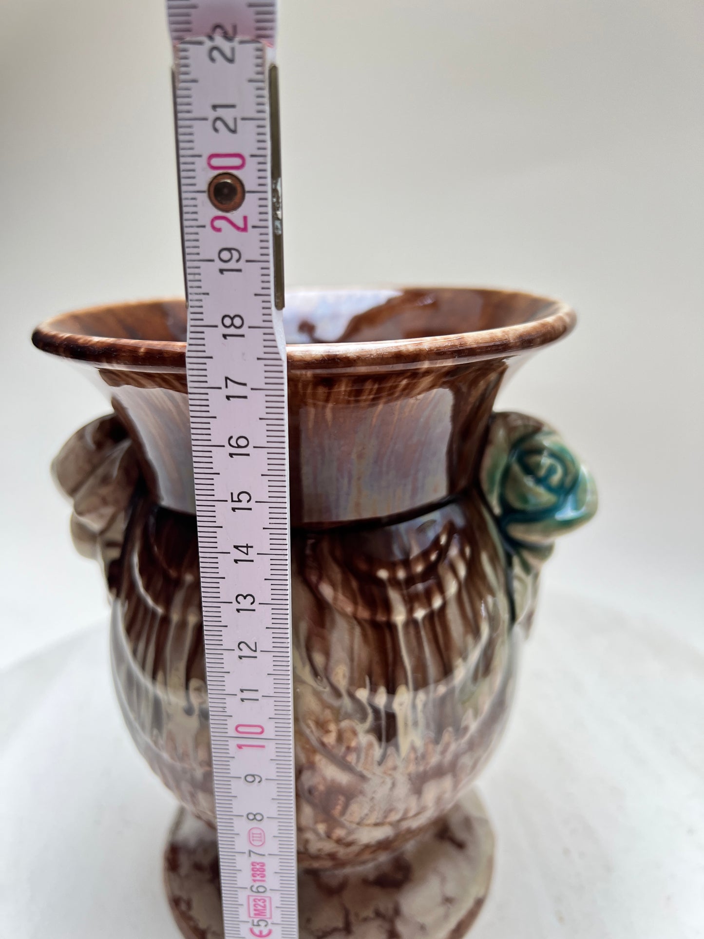 Vintage Laufglasur Keramik Blumenvase braun mit Rosen Bay Keramik West Germany Pottery