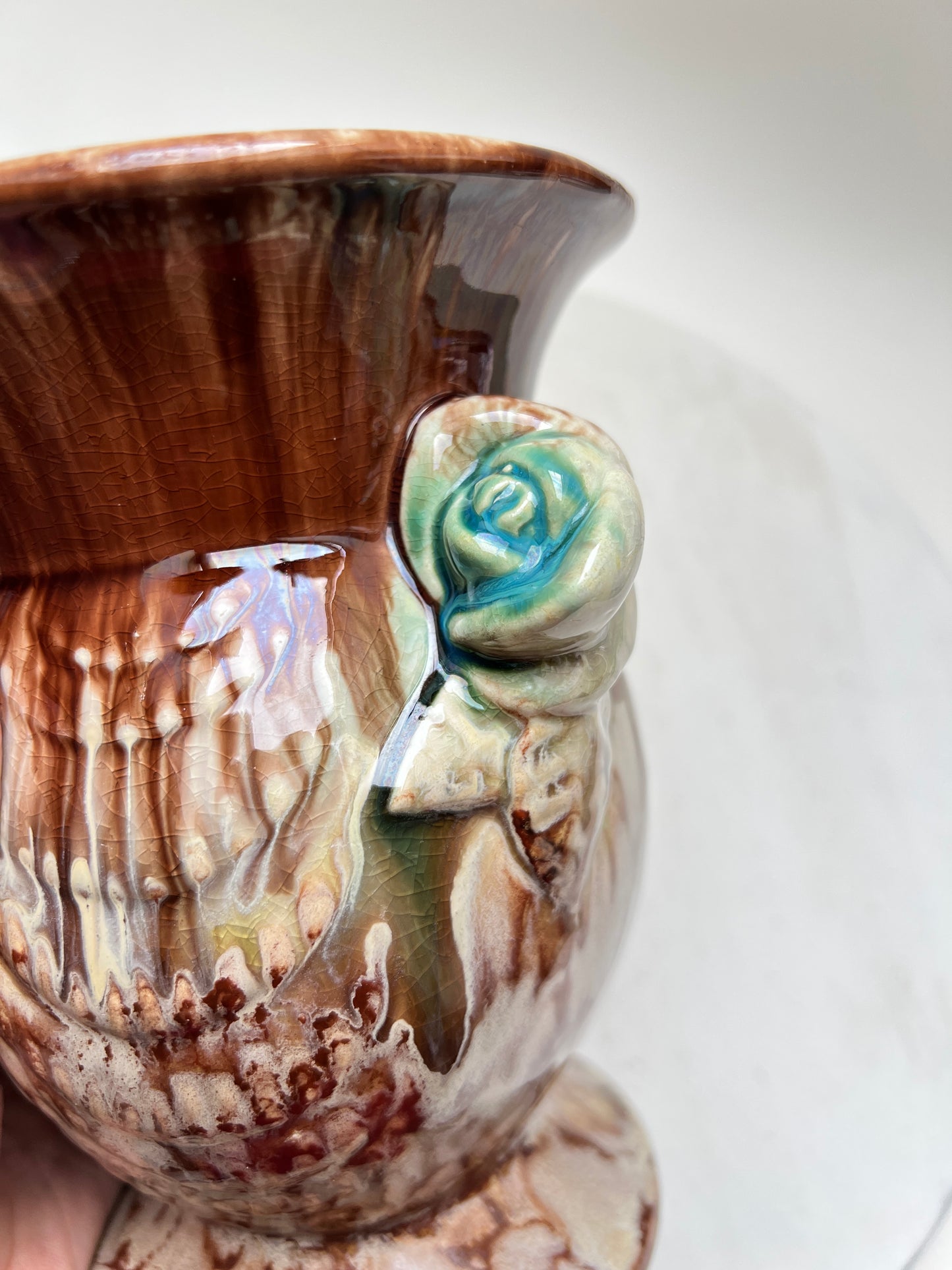 Vintage Laufglasur Keramik Blumenvase braun mit Rosen Bay Keramik West Germany Pottery