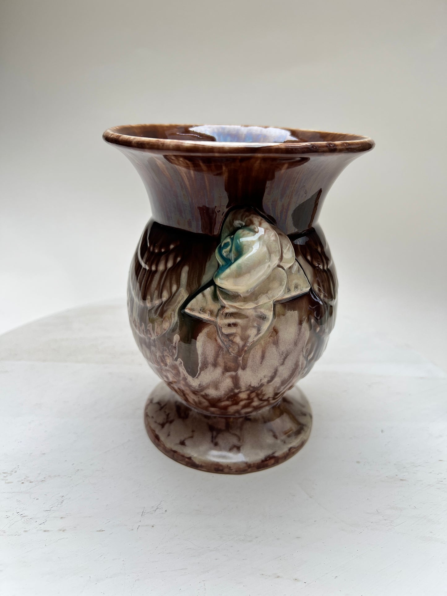 Vintage Laufglasur Keramik Blumenvase braun mit Rosen Bay Keramik West Germany Pottery