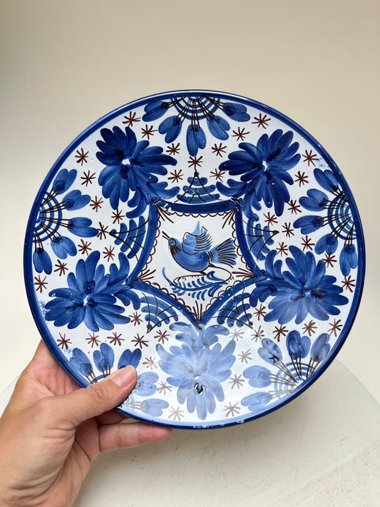 Vintage Talavera Wandteller blau weiß Vogel andalusisch mexikanisch Keramik
