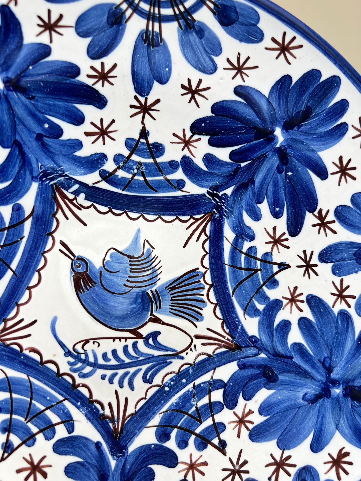 Vintage Talavera Wandteller blau weiß Vogel andalusisch mexikanisch Keramik