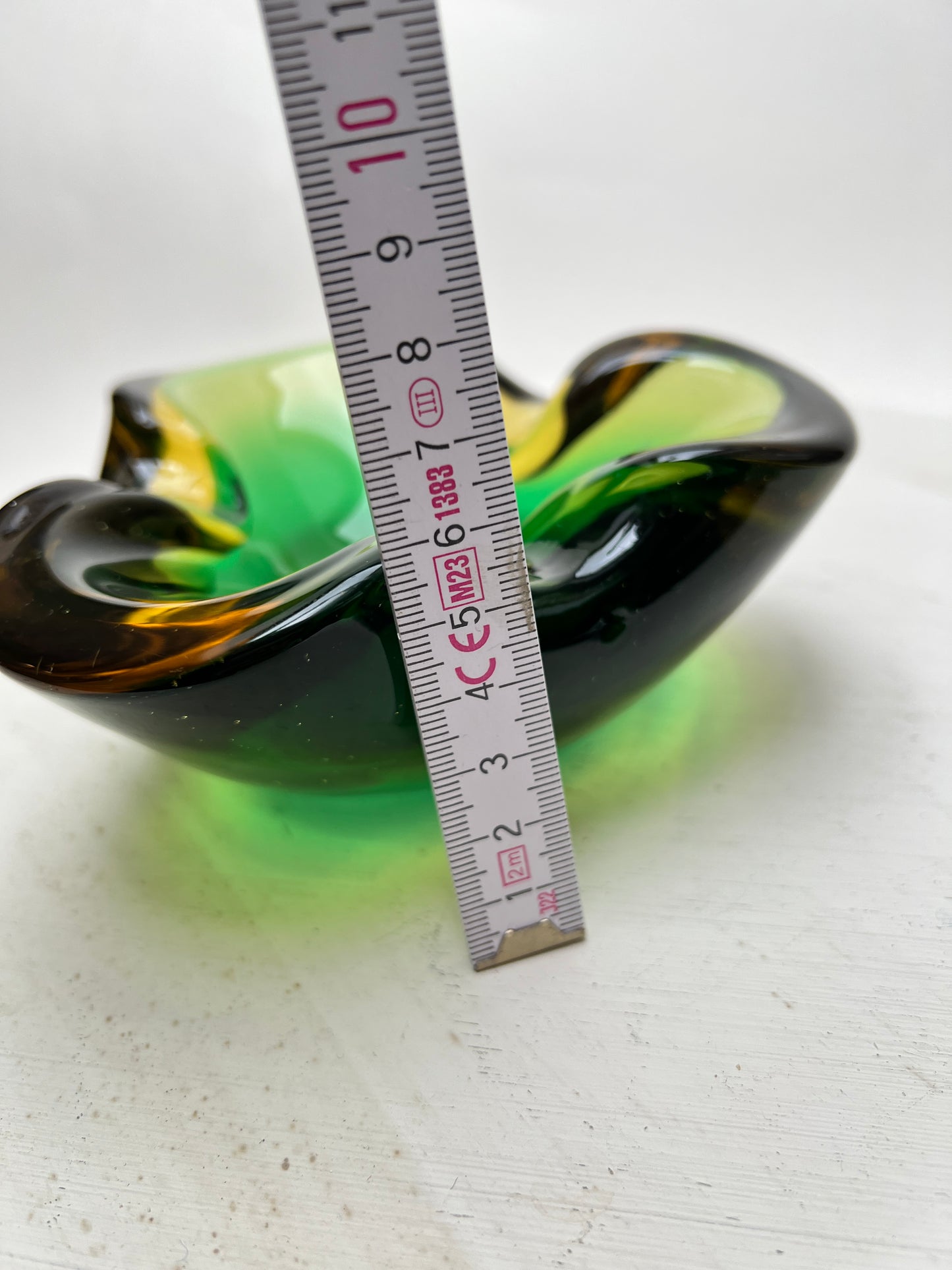 Vintage Mid Century Sommerso Murano Stil Aschenbecher Geodenschale Glasschale Vide Poche grün gelb Farbverlauf Taschenleerer