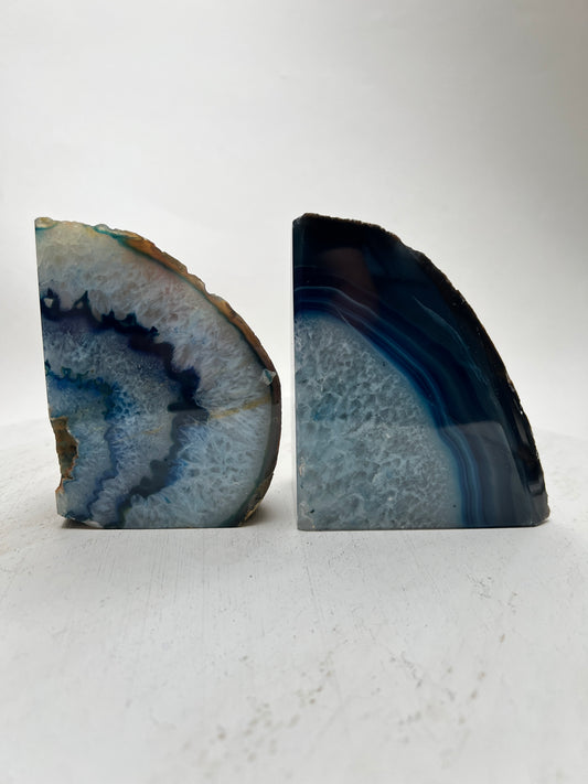 2 blaue Achat Buchstützen Geode Kristall Stein Deko
